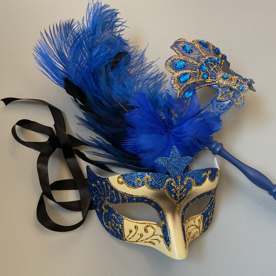 Gold Blue Masquerade Feather Mask With Handle Stick Silk Floral ...