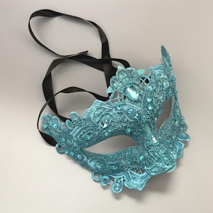 Brocade lace Blue Turquoise masquerade feather mask for Wedding women girls floral rhinestones gemstones