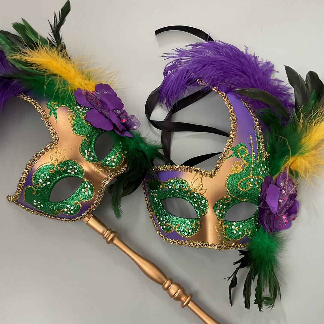 Mardi Gras Feather Mask With Handle Stick Silk Floral Christmas New ...