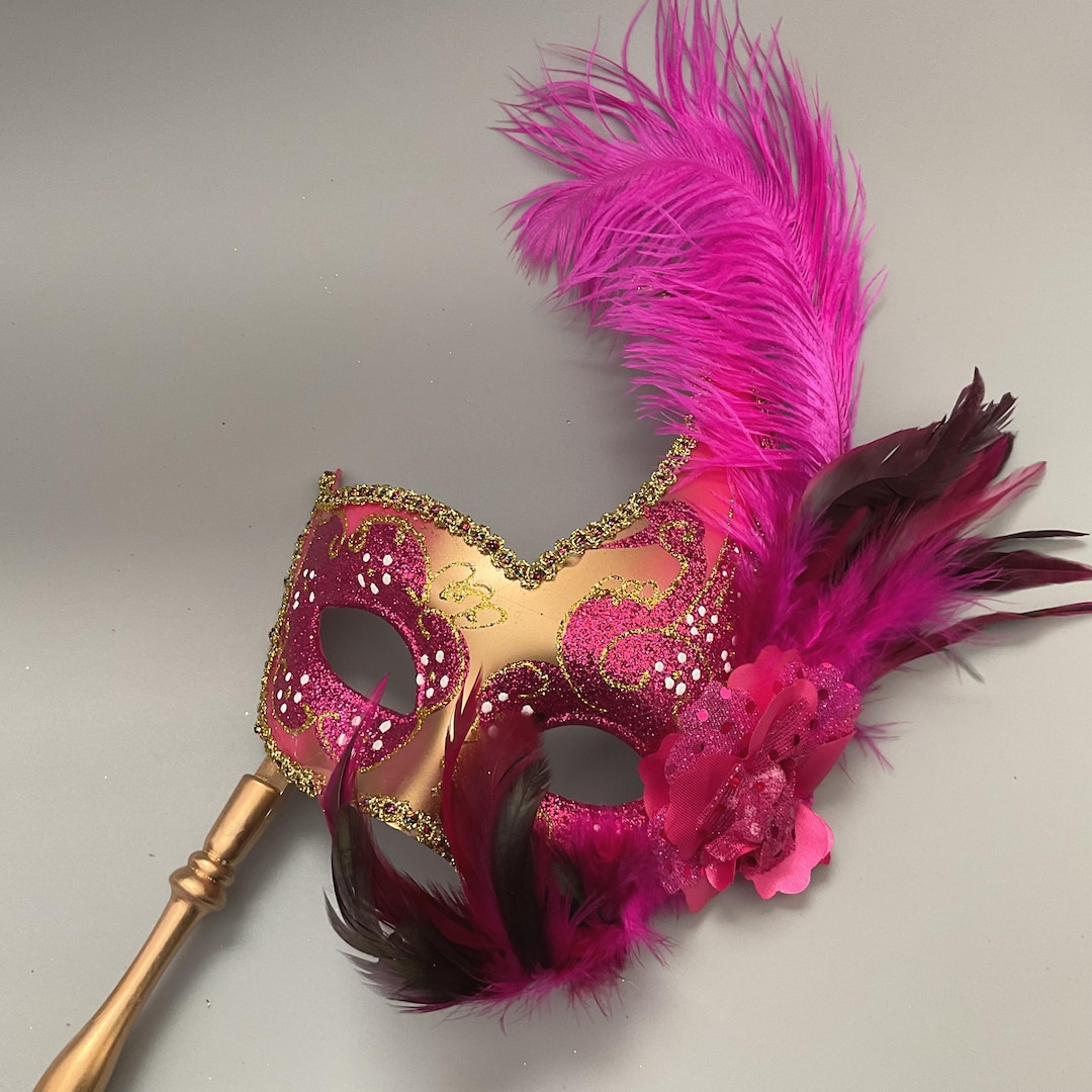Fuchsia Masquerade Feather Mask With Handle Stick Silk Floral Christmas ...