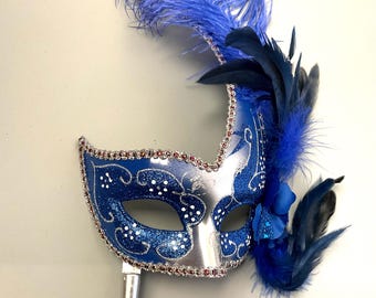 Silver Blue masquerade feather mask with handle stick Costume Dress up themed party