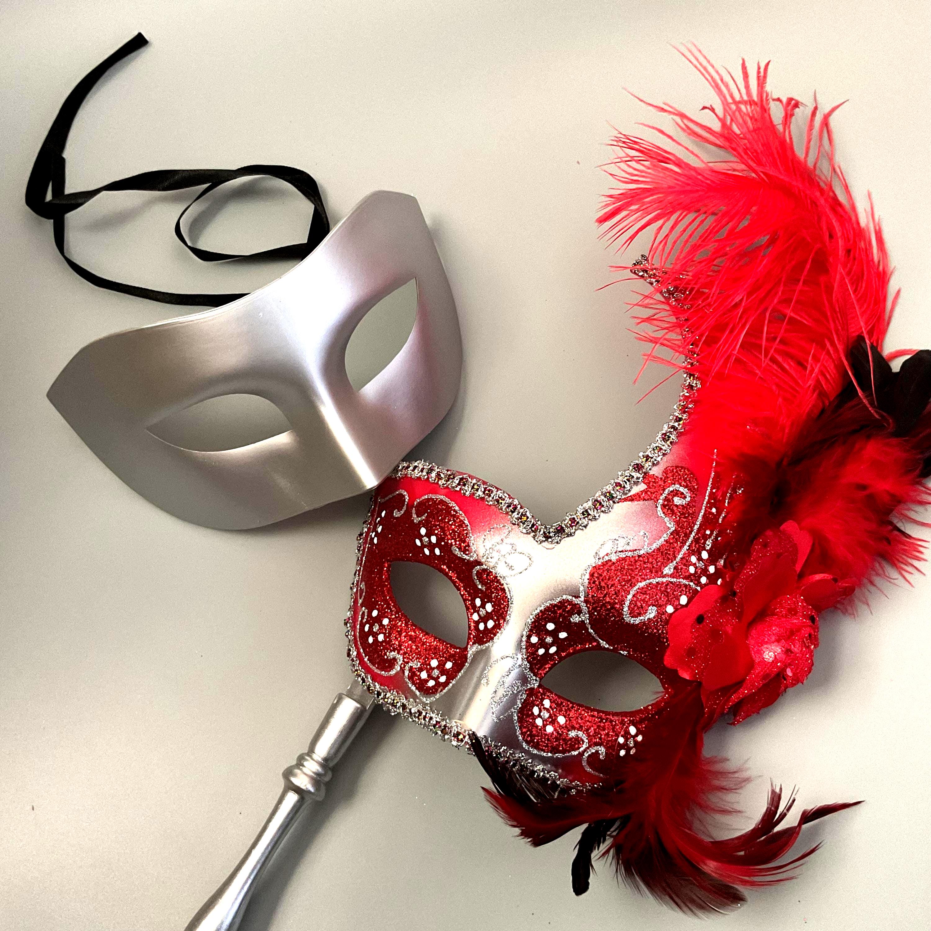 Red Masquerade Feather Mask With Handle Stick Silk Floral Christmas New ...