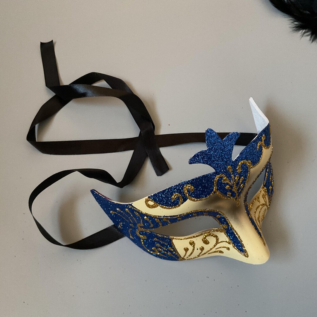 Gold Blue Masquerade Feather Mask With Handle Stick Silk Floral ...