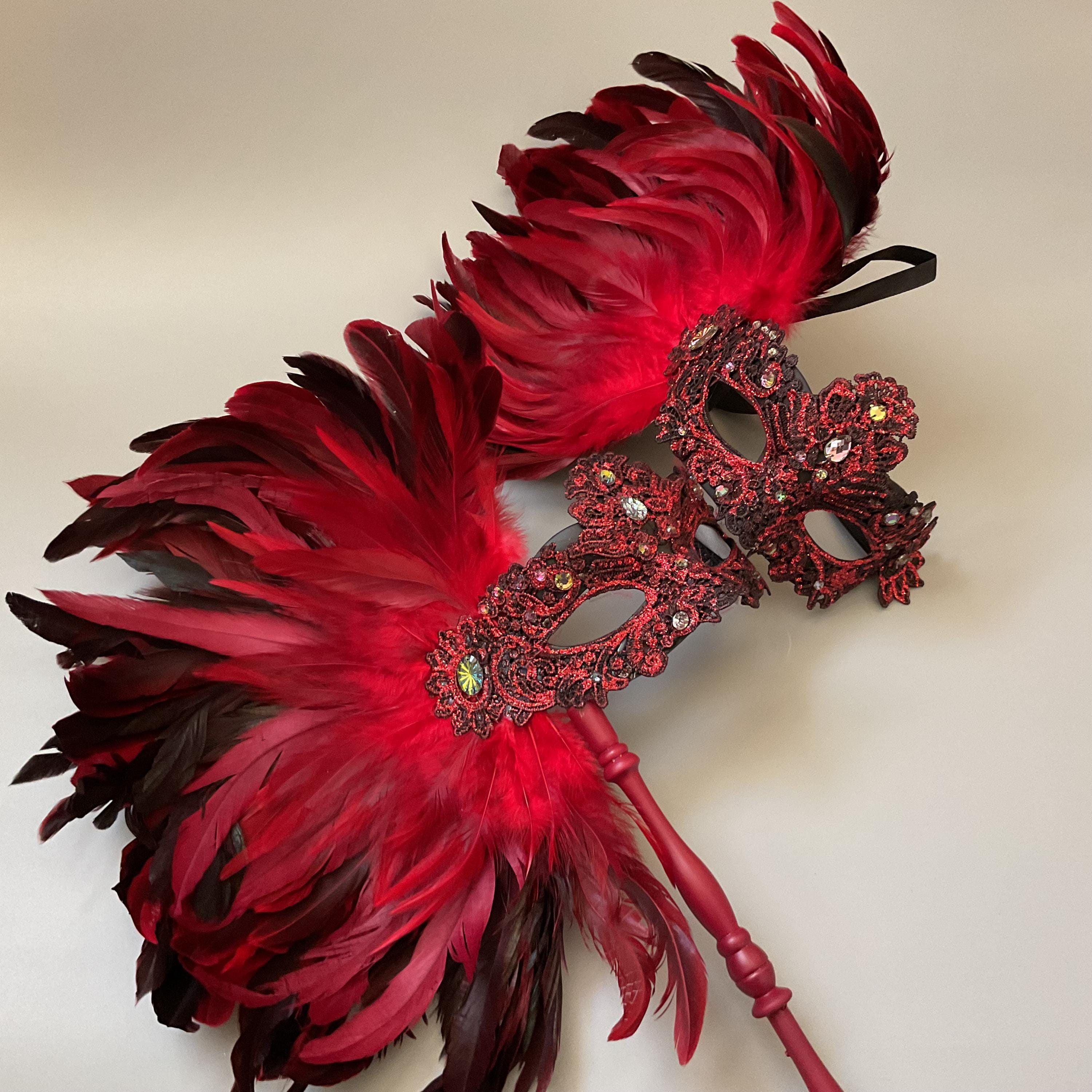 Burgundy Red Masquerade Feather Mask With Handle Stick for Women Girls ...