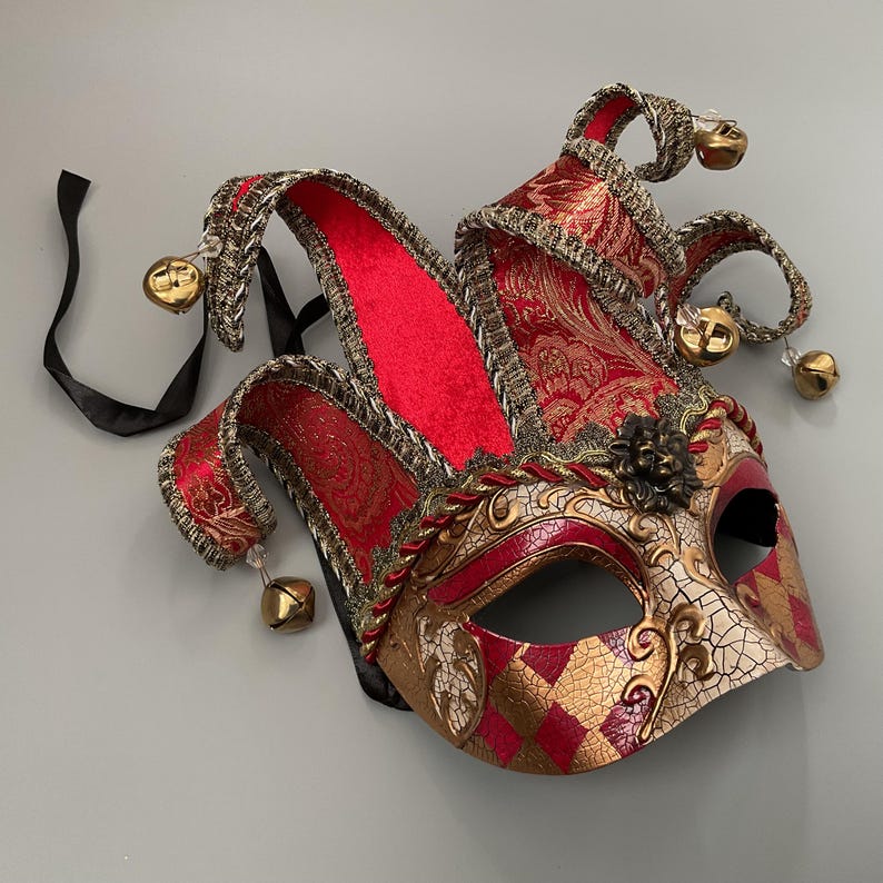 Harlequins Gold Red Masquerade Jolly Jester Mask: Classic Costume Ball ...