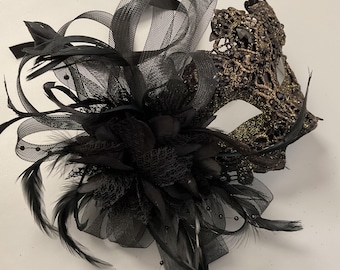Black Gold lace masquerade feather mask for women girls floral rhinestones gemstones
