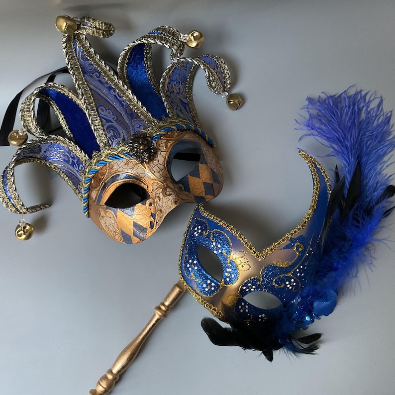 Harlequins Gold Blue Masquerade Feather Jolly Jester Mask: Classic ...