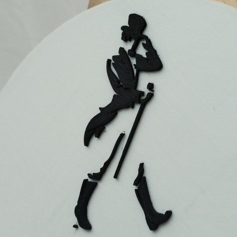May include: A black silhouette of a man in a top hat and coat, holding a cane, is depicted on a white surface. The figure is a stylized representation of a gentleman walking. The image is a close-up, focusing on the details of the silhouette.