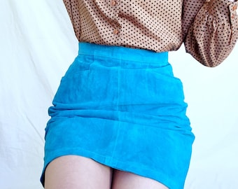 Vintage Blue Suede Skirt, 80s 90s Mini Skirt, Leather Pencil Skirt, Teal Suede Skirt for Women, High Waist Leather Party Skirt, Bagatelle, 4