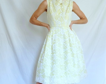 1960s Yellow Lace Overlay Dress: Vintage Fit & Flare Party Dress XS