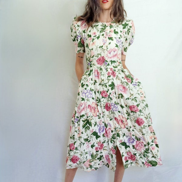 90s Floral Print Dress, Vintage Garden Dress, Puffed Sleeve Dress, 30s Style Dress, Wedding Guest Summer Dress, Button Up Floral Dress, S