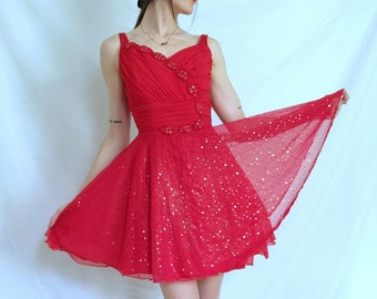 1950s Red Dress, 50s Party Dress, Vintage Dance Dress, Vaudville Costume, Retro Showgirl, Pin Up Girl Dress, Vintage Sparkly Red Dress, S