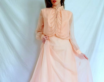 1970s Evening Gown Dress, Large, Mother of the Bride Dress, 70s Chiffon Maxi Dress, 70s Bridesmaid Dress, Boho Disco, Deadstock Vintage