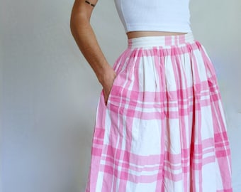 1980s Vintage Esprit Pleated Pink Plaid Cotton Midi Skirt with Pockets: Women's XS