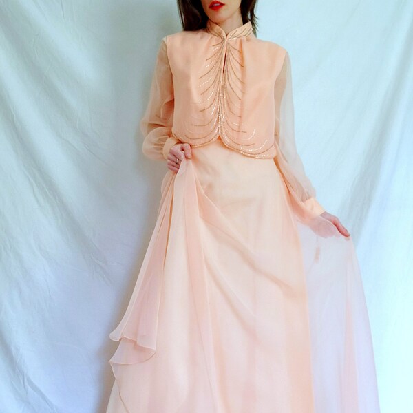 1970s Evening Gown Dress, Large, Mother of the Bride Dress, 70s Chiffon Maxi Dress, 70s Bridesmaid Dress, Boho Disco, Deadstock Vintage