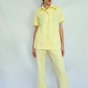 1960s Vintage Canary Yellow Double Knit Polyester Flare Leg Leisure Suit, Womens M, Mod Style Two Piece Pant Suit, Disco Outfit, John Abbott