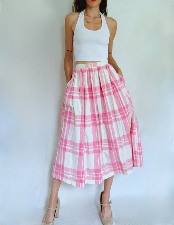 1980s  Esprit Vintage Plaid Skirt, Pink Plaid Cott