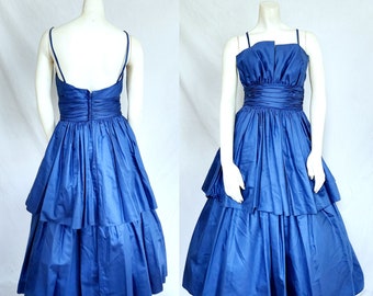 Vintage Tea Length Dress , 80s does 50s, Blue 1980s Party Dress, 50s Style Cocktail Dress, Polished Cotton, Wedding Guest, Alyce Designs, S