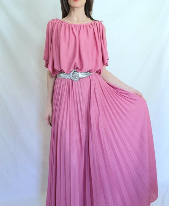 70s Disco Dress, 1970s Maxi Dress, Pink Evening G… - image 1