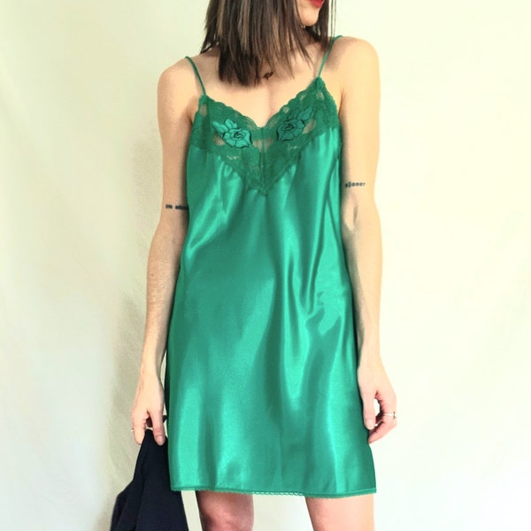 Vintage Slip Dress, Green Slip Dress, 1980s Lingerie, Liquid Satin Nightgown, Vintage Full Slip, Val Mode, Mini Slip Dress, Grunge Dress, M