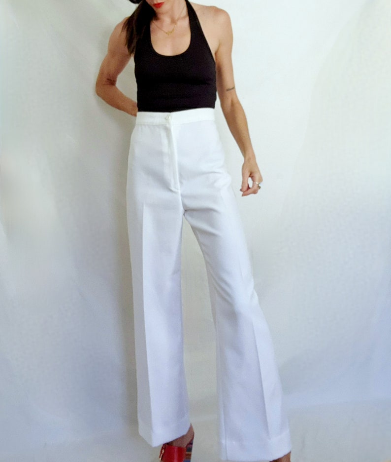 Vintage 70s Black & White Herringbone Red Striped Polyester Flare Dress Pants - 29 X 29