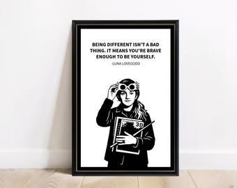 Frase de Luna Lovegood / Arte mural mágico / Póster minimalista en blanco y negro / “Ser diferente no es algo malo”
