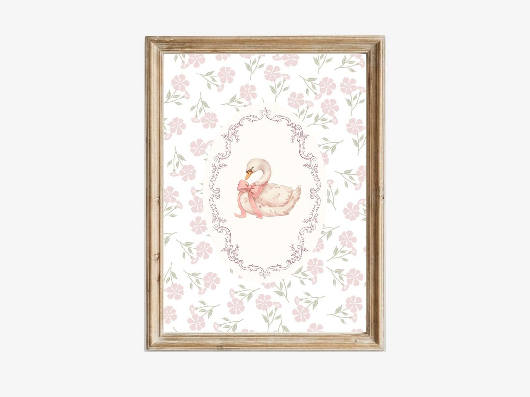 Vintage Floral Swan Nursery Art, Baby Girl Cottagecore Wall Print ...