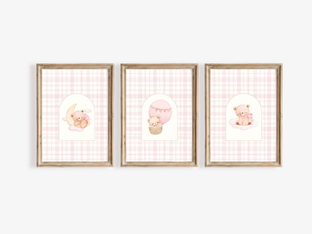 Baby Girl Room Decor Printable Set of 3, Pink Teddy Bear Nursery Wall ...