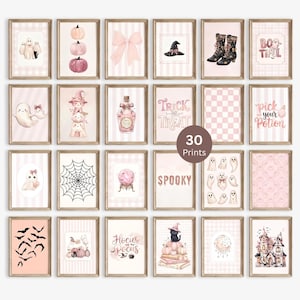 Pastellrosa Halloween-väggkonstpaket | 30 utskrivbara Halloween-tryck med kokettmotiv | Söt spökdekoration för barnkammaren | Rosa pumpa- och häxgalleriset