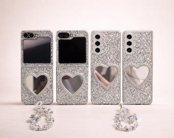 Glitter Heart Mirror with Beaded Charm Phone Case