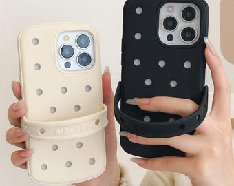 Minimalist Beige Crocs-Style Silicone Grip Phone Case – Shockproof Soft Cover for iPhone