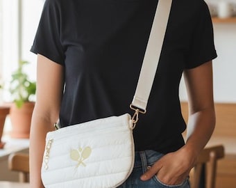 Tennis Adjustable Crossbody Puffer with Gold Embroidered Rackets- White, Pink or Black