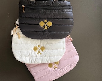 Pickleball Crossbody Adjustable Puffer with Gold Pickleball Paddles/Ball- White, Pink or Black
