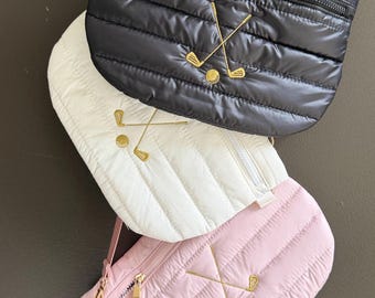 Golf Adjustable Crossbody Puffer with Gold Embroidered Golf Clubs- White, Pink or Black