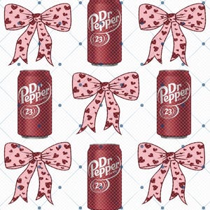 May include: Illustration of Dr. Pepper cans and pink bows with heart patterns. The cans are red with white text and the number 23. The bows have a light pink background with red and blue hearts.