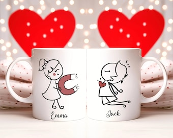 Taza de pareja personalizada, taza magnética de amor, regalo de pareja con figura de palito, taza con nombre personalizado para parejas