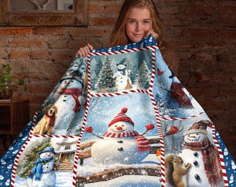 Manta navideña de muñeco de nieve, acogedora manta de invierno de forro polar o sherpa, decoración navideña para el hogar, regalo para amantes de los muñecos de nieve, manta festiva de Navidad
