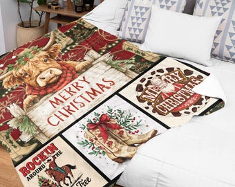 Manta navideña estilo western, manta de vellón o sherpa con diseño de vaca de las Tierras Altas, decoración navideña con botas de vaquero, regalo navideño de estilo rústico.