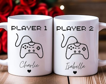Gepersonaliseerde mok gamerpaar, koffiemok speler 1 speler 2, aangepaste naam gamingmokset, leuke mok gamingcontroller, cadeau voor gamerparen