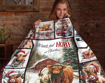 Manta navideña de vacas de las Highlands, manta navideña Mooey, manta acogedora de forro polar o sherpa, decoración navideña rústica, regalo para amantes de las vacas