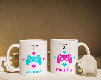 Mok speler 1 speler 2 paar, gamerpaar koffiemok, mok gamingcontroller, gepersonaliseerde gamingmok, cadeau voor gamerpaar