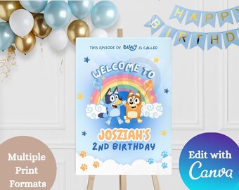 Blue Dog Personalised Birthday Welcome Sign | Personalised Party Poster | Editable Canva Template | Instant Download