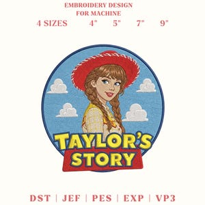 May include: Machine embroidery design featuring a cartoon character with braided hair wearing a red hat, set against a blue sky with clouds. The text reads TAYLOR'S STORY in yellow letters on a red banner. Includes 4 sizes: 4", 5", 7", 9".