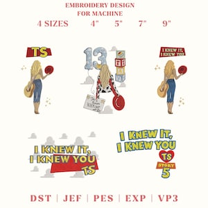 May include: Embroidery design for machine with 4 sizes: 4", 5", 7", 9". Includes illustrations of a blonde person with a guitar, a number 13 balloon, toy blocks, a sign reading TAY'S ROOM KEEP OUT, and text reading I KNEW IT, I KNEW YOU TS STORY 5.