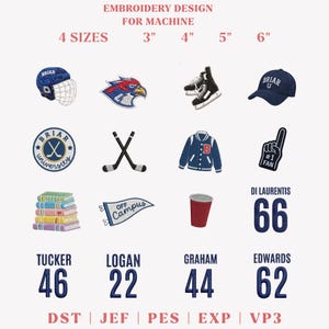 May include: An embroidery design sheet with sports-themed patches, including a hockey helmet, eagle, ice skates, baseball cap, and a foam finger. The text includes "BRIAR U" and numbers.