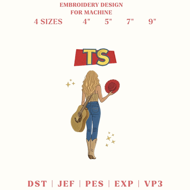 May include: Machine embroidery design featuring the text TS in yellow on a red background. Below, a figure with long blonde hair wears a tan top, blue jeans, and tan boots, holding a brown acoustic guitar and a red hat, with small star accents.