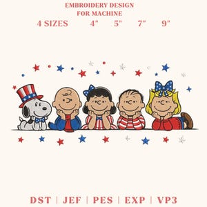 May include: Embroidery design featuring Snoopy and friends in patriotic attire. The design includes Snoopy in a Uncle Sam hat, Charlie Brown, Lucy, Linus, and Sally. The design is available in 4 sizes: 10 cm, 13 cm, 18 cm, and 23 cm.