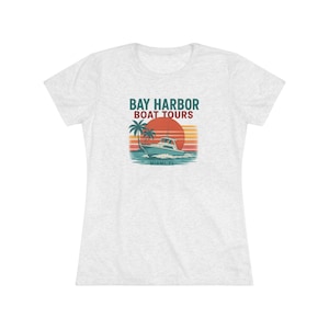 Bay Harbor Boat Tours Women&#39;s Triblend Tee, Dexter-Inspired Retro Sunset Palm Trees Boat Parody Shirt, True Crime Gift, Cult Crime Drama Fan