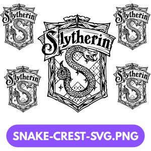 May include: Black and white Slytherin crest design featuring a snake and the word "Slytherin" in a banner. The image includes multiple crests and the text "SNAKE-CREST-SVG.PNG" in a purple rounded rectangle.
