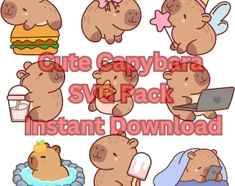 Paquete de imágenes prediseñadas SVG de capibaras kawaii / Diseños de animales divertidos (descarga digital)